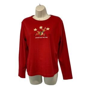 MC Sportswear Womens Long Sleeve Shirt Medium Red Raindeer Embroidered Holiday